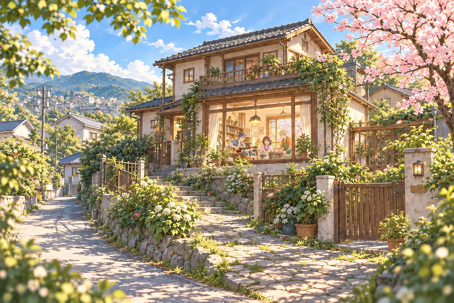 A sunlit two-storey wooden house, with a stone path leading to its warmly lit living-room window.