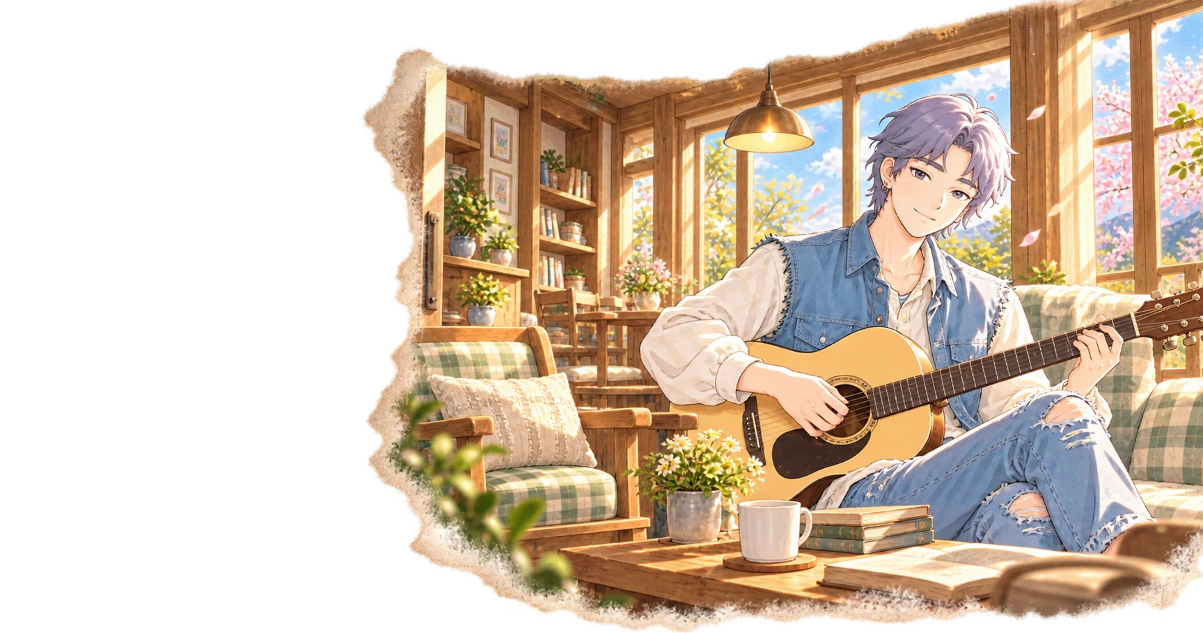 Concept illustration: Lu Yao in his denim vest plays guitar by the window and turns toward you.