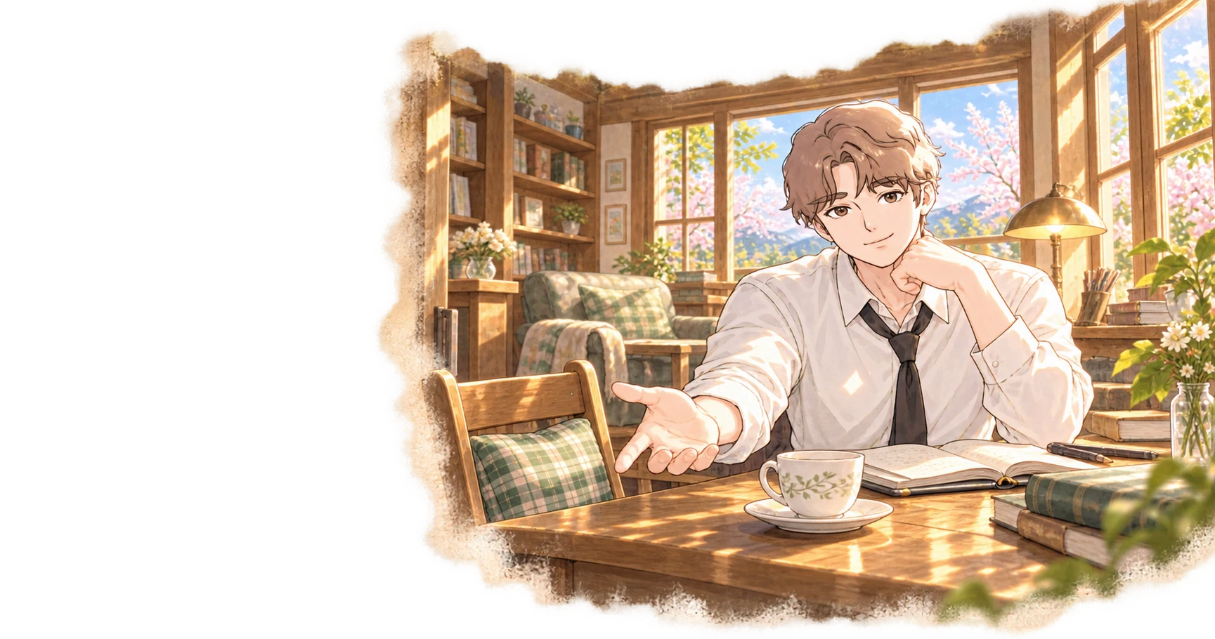 Concept illustration: Zhuo Ziyu in a white shirt and black tie opens a notebook by the window and invites you to sit.