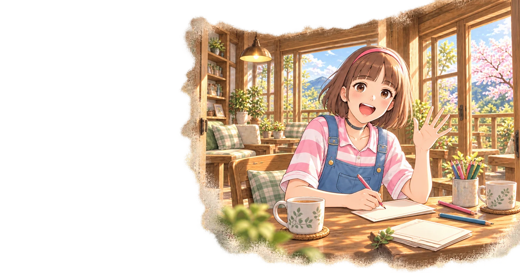 Concept illustration: Zuozuo, wearing her pink headband and blue overalls, writes a welcome card and waves to you.