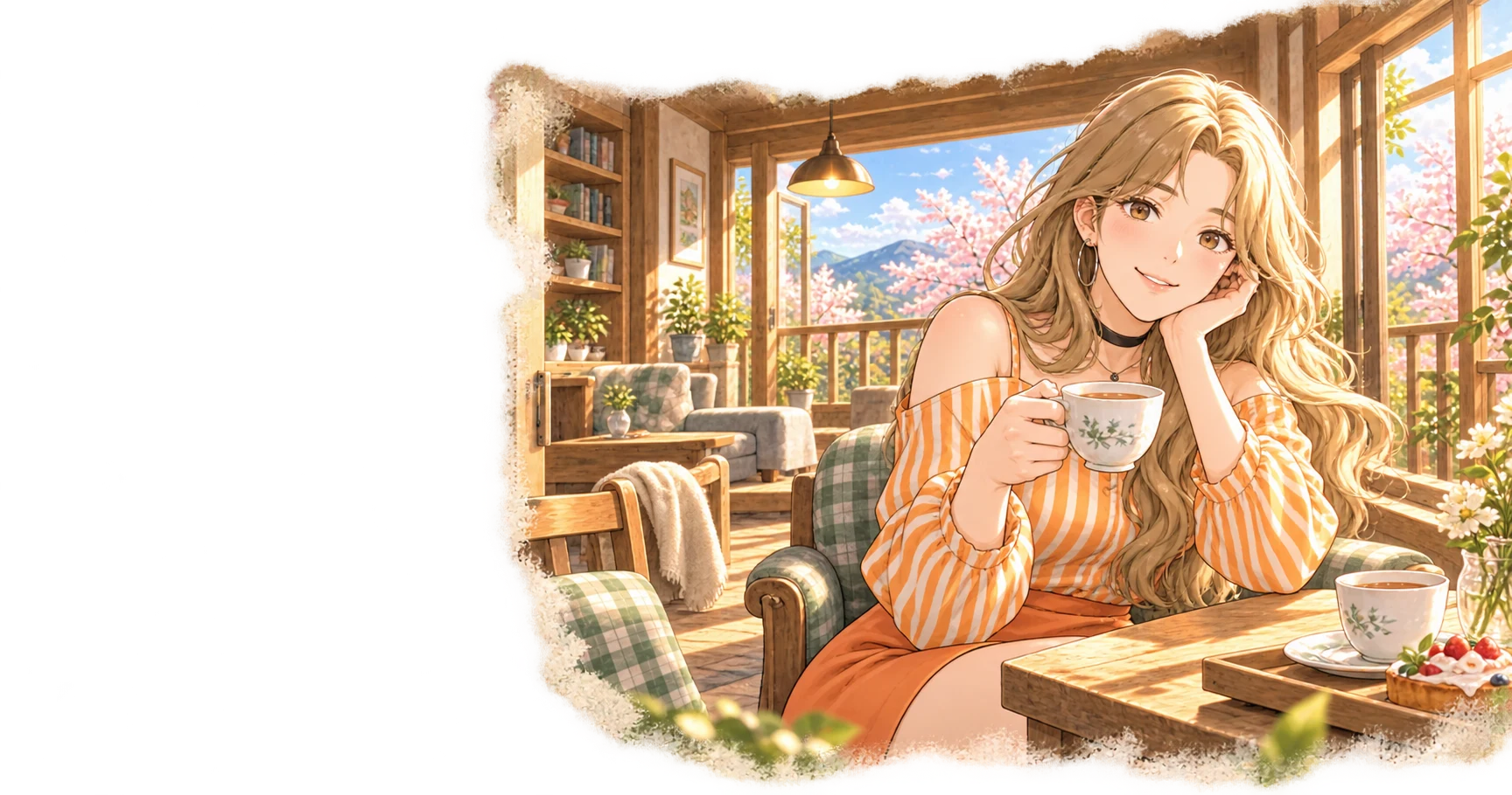 Concept illustration: Qiao Lala, with hoop earrings, black choker and orange-striped offshoulder top, smiles over tea by the balcony.
