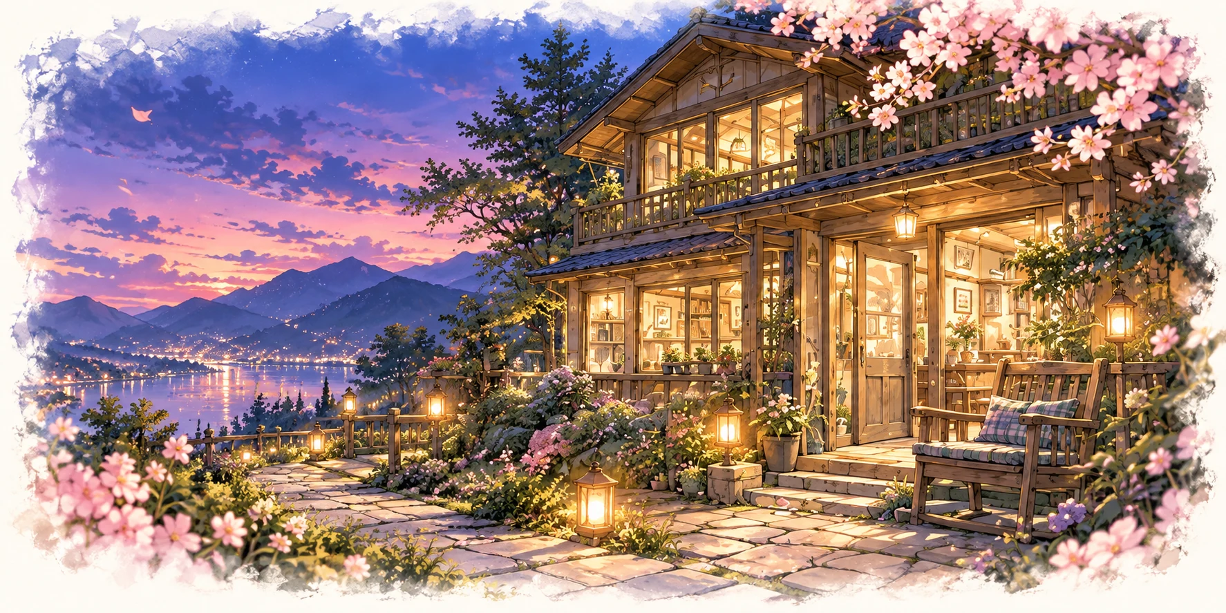 A wooden house at dusk, its open doorway and windows glowing warmly above a garden path and a welcoming porch seat.