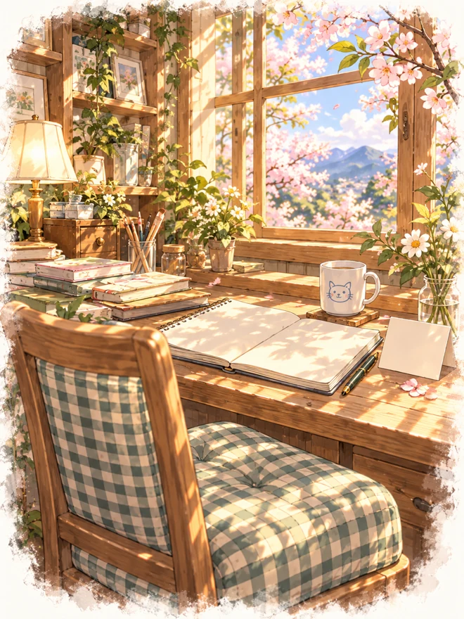 An empty gingham chair by the window, a cup of tea, open notebook and a blank invitation card.